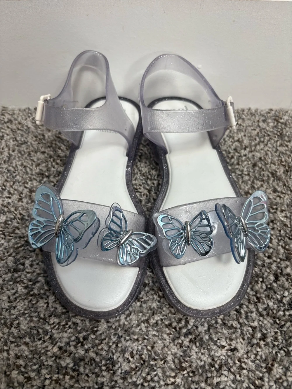 Mel Dreamed By Melissa Girls' Silver Sparkle Sandals with Butterflies Size 13c